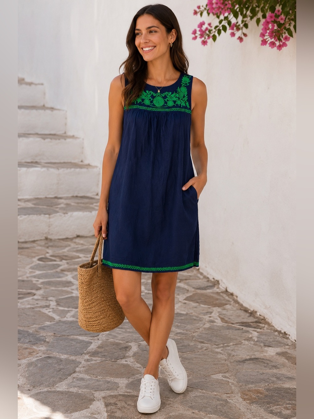 J. CREW Linen Blend Sleeveless Dress Embroidered Knee Length Pockets S